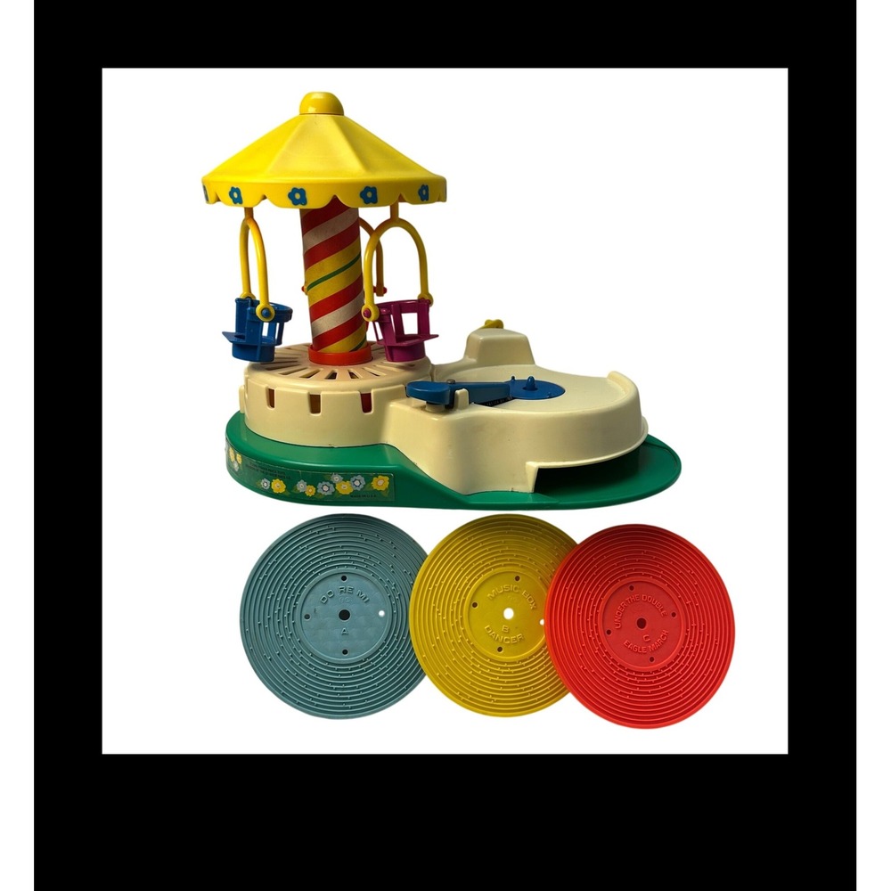 Vintage 1980 Fisher-Price Music Box Record Player Carousel 3 Records Swiss Move